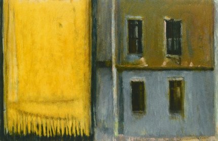 Gelber Vorhang, Haus, Öl auf Leinwand, 110 x 170 cm, 2014
